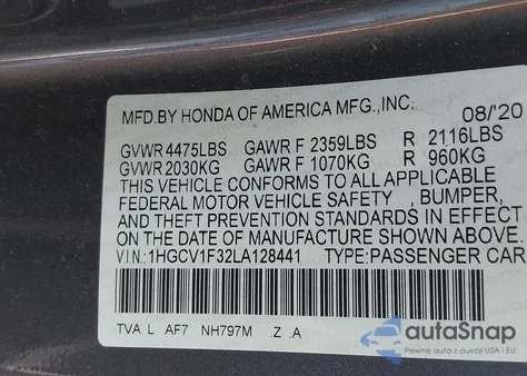 2020 Honda Accord Sport из США, поврежденный, VIN 1HGCV1F32LA128441